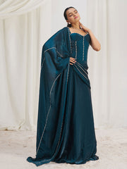 Fascinating Navy Blue Organza Silk Pre-Stitched Saree With Corset Blouse