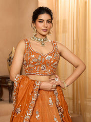 Orange Tissue Fabric Sequinse embroidery Semi Stitched Lehenga and Unstitched Blouse With Dupatta