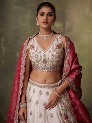 Beige Designer Lehenga Choli with Pink Banarasi Silk Dupatta