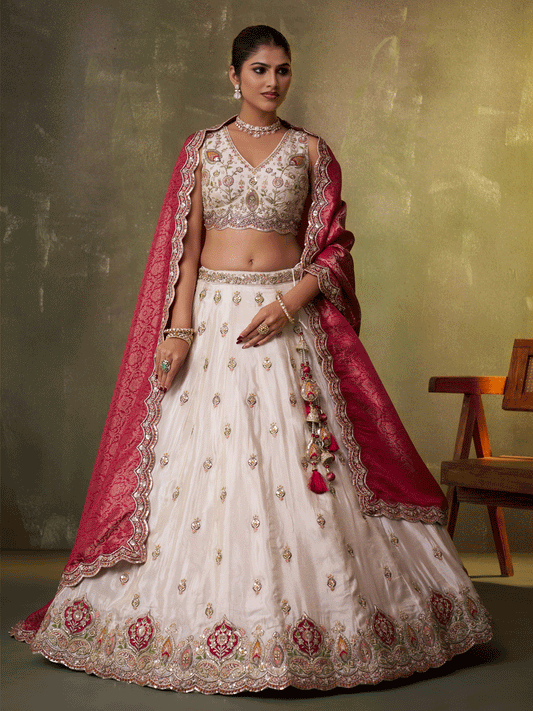Beige Designer Lehenga Choli with Pink Banarasi Silk Dupatta