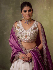 Beige Designer Lehenga Choli with Purple Banarasi Silk Dupatta