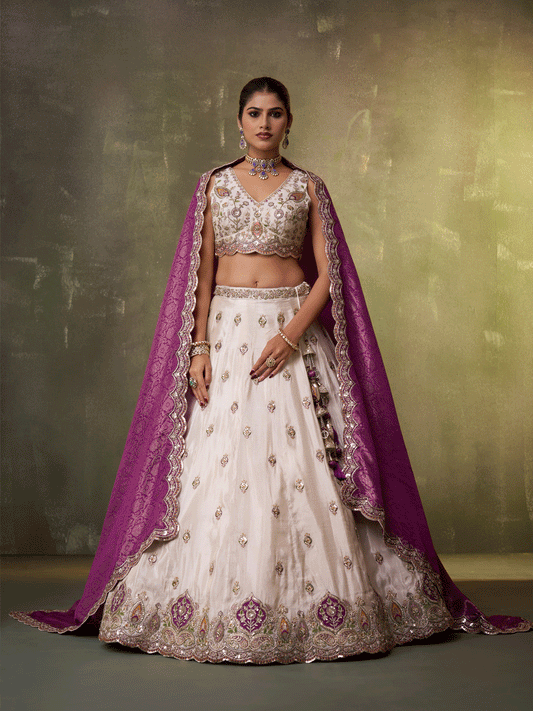 Beige Designer Lehenga Choli with Purple Banarasi Silk Dupatta