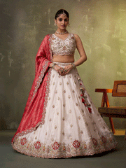 Beige Designer Lehenga Choli with Red Banarasi Silk Dupatta