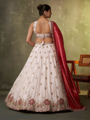 Beige Designer Lehenga Choli with Red Banarasi Silk Dupatta