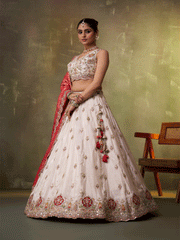 Beige Designer Lehenga Choli with Red Banarasi Silk Dupatta