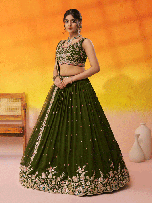 Olive Green Georgette Embroidered Wedding Lehenga Choli
