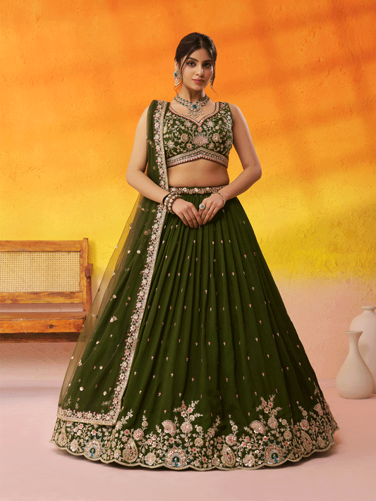 Olive Green Georgette Embroidered Wedding Lehenga Choli