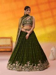 Olive Green Georgette Embroidered Wedding Lehenga Choli