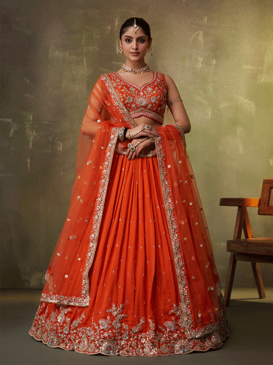 Orange Georgette Embroidered Wedding Lehenga Choli