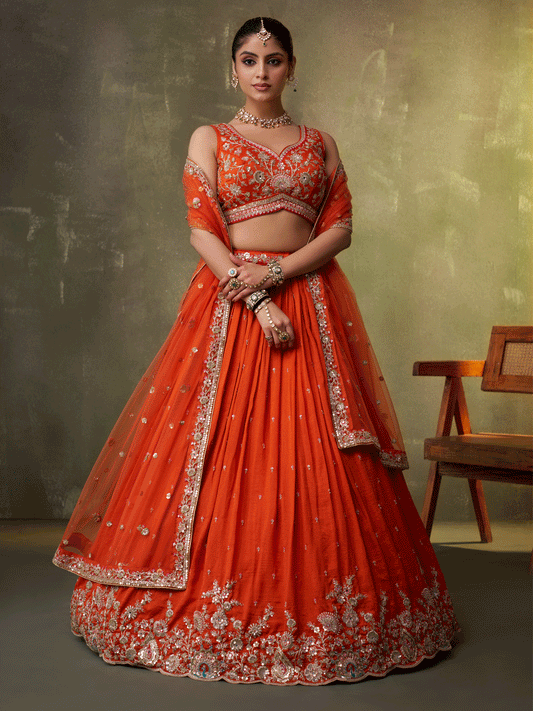 Orange Georgette Embroidered Wedding Lehenga Choli