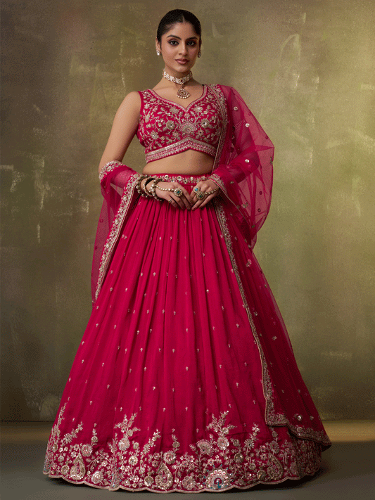 Pink Georgette Embroidered Wedding Lehenga Choli
