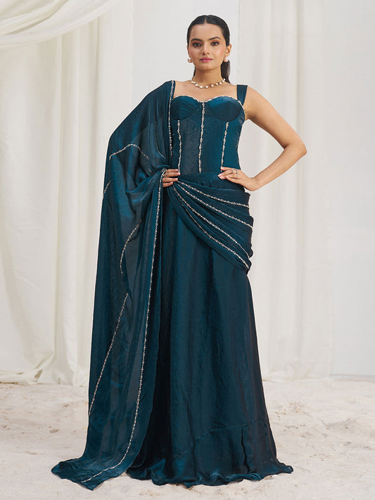 Fascinating Navy Blue Organza Silk Pre-Stitched Saree With Corset Blouse