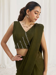 Mesmerizing Olive Green Hand Work Organza Pre-Stitched Saree