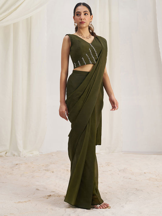 Mesmerizing Olive Green Hand Work Organza Pre-Stitched Saree