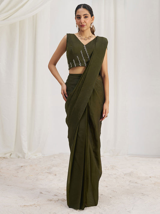 Mesmerizing Olive Green Hand Work Organza Pre-Stitched Saree