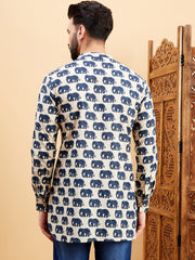 Blue Ethnic Motifs Printed Mandarin Collar Cotton Curved Thread Work Kurta