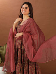 Maroon Floral Printed Tiered Kurta With Trousers & Dupatta