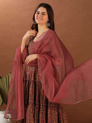 Maroon Floral Printed Tiered Kurta With Trousers & Dupatta