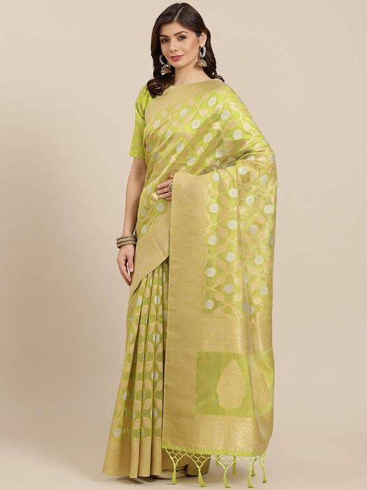 Green & Golden Woven Design Jaali Organza Banarasi Saree