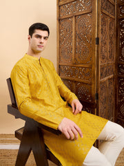 Mustard Striped Embroidered Mandarin Collar Straight Kurta