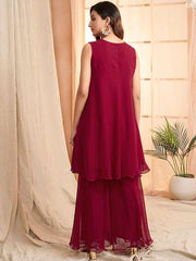 Maroon Floral Embroidered Regular Thread Work Kurta with Palazzos