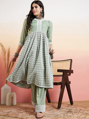 Green V-Neck Floral Embroidered Chikankari Pure Cotton Anarkali Kurta with Palazzos