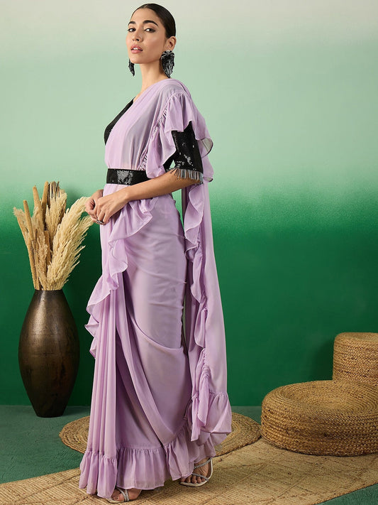 Lavender Ruffle Belted Saree With Embroidered Blouse Piece