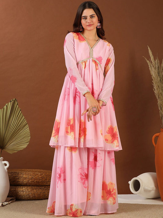 Pink Floral Printed Empire Gotta Patti Kurta with Sharara
