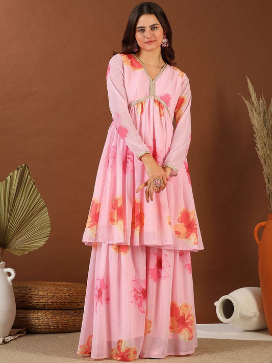 Pink Floral Printed Empire Gotta Patti Kurta with Sharara
