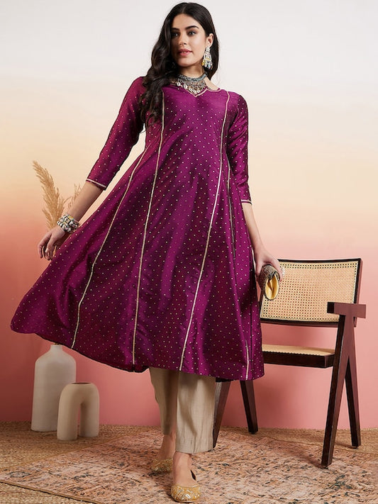 Mauve Ethnic Woven Design Anarkali Lace up Polka Dots Kurta