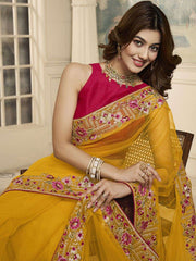 Mustard And Pink Embroidered Net Saree