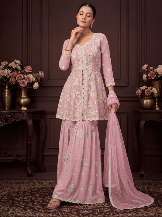 Dusty Pink Real Georgette with Embroidery Gharara Dress