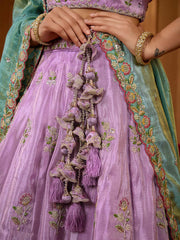 Lavender Satin Silk Fabric Sequins embroidery Semi-Stitched Lehenga & Unstitched Blouse With Dupatta