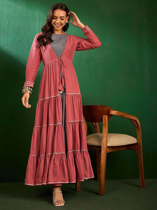 Peach Embroidered Cotton Ethnic Dress