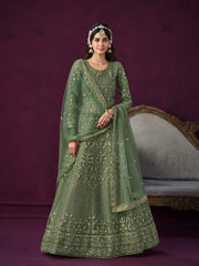 Green Net Partywear Anarkali Suit