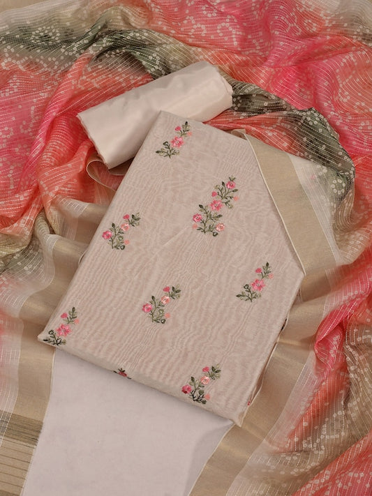 Cream Embroidered Pure Cotton Unstitched Dress Material