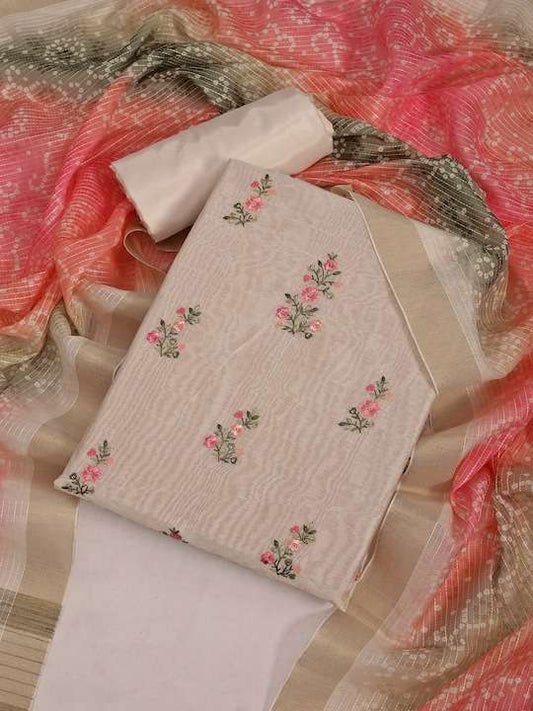 Cream Embroidered Pure Cotton Unstitched Dress Material