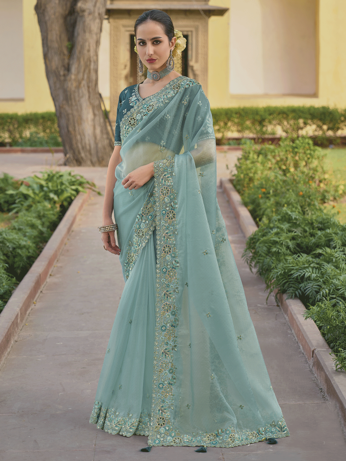 Turquoise Embroidered Organza Silk Saree Inddus
