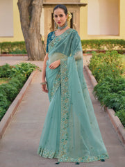 Turquoise Organza Silk Designer Saree