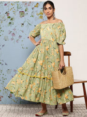 Green Printed Fit & Flared Ethnic Dress