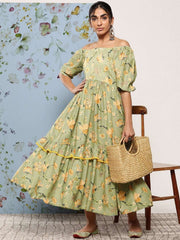 Green Printed Fit & Flared Ethnic Dress