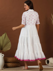 White Floral Embroidered Tiered Fit & Flared Midi Ethnic Dress
