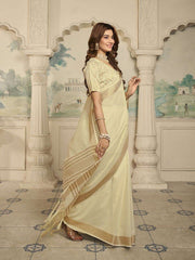 Beige And Gold-Toned Zari Solid Saree