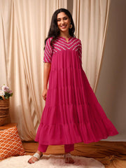 Women Embroidered Tiered Sequinned Kurta with Trousers