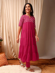 Women Embroidered Tiered Sequinned Kurta with Trousers