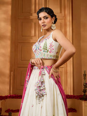 Cream Silk Fabric Sequins embroidery Semi-Stitched Lehenga & Unstitched Blouse With Dupatta