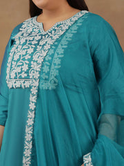 Plus Size Floral Yoke Design Thread Work Straight Kurta With Trouser & Dupatta