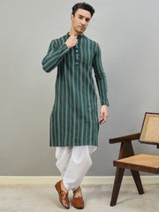 Woven Design Striped Mandarin Collar Knee Length Straight Kurtas