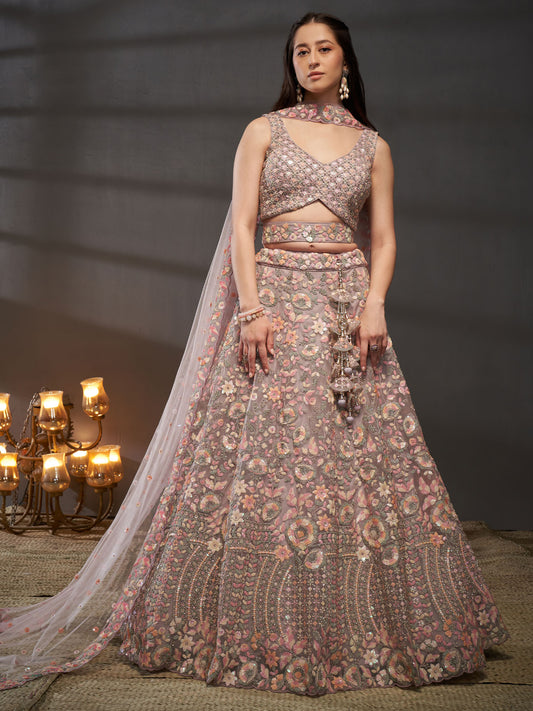Mauve Net Multi Sequins with heavy Zarkan embroidery Semi-Stitched Lehenga choli & Dupatta