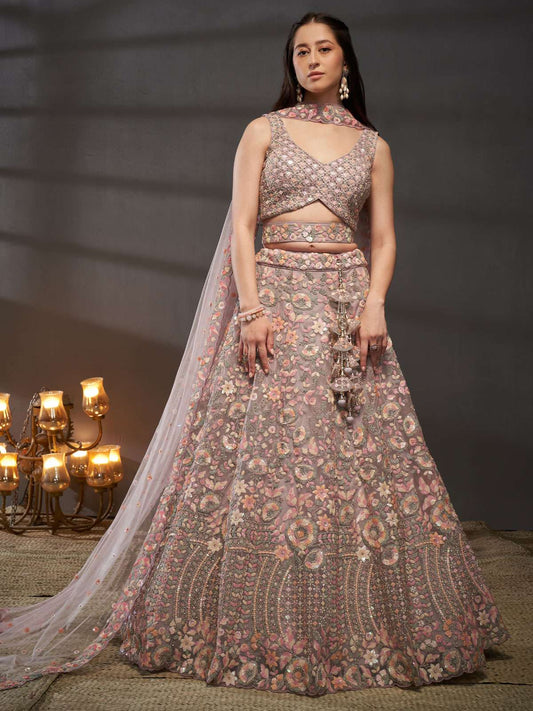 Mauve Net Multi Sequins with heavy Zarkan embroidery Semi-Stitched Lehenga choli & Dupatta
